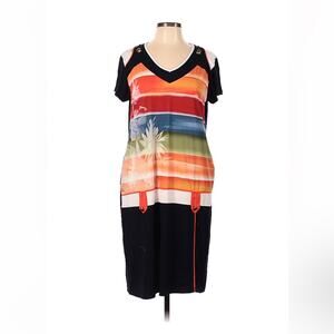 Maya Longa tropical rainbow and flower drop waist tee shirt dress, L